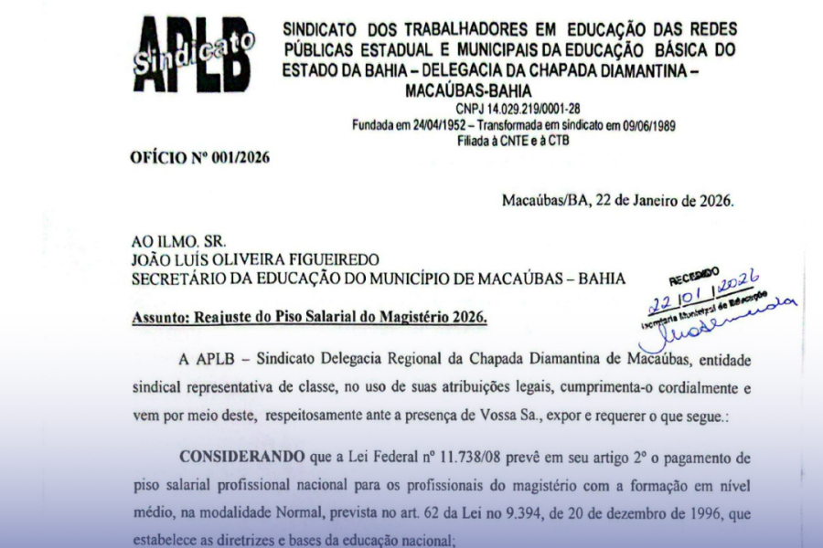 A APLB SINDICATO PROTOCOLA OFÍCIO REQUERENDO O REAJUSTE DO PISO NACIONAL DO MAGISTÉRIO 2026
