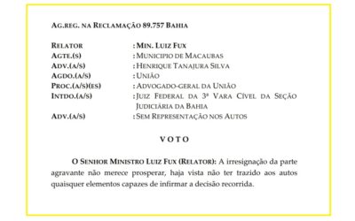 NOTÍCIA JURÍDICA: STF MANTÉM BLOQUEIO DE RECURSOS DOS PRECATÓRIOS DO FUNDEF DE MACAÚBAS